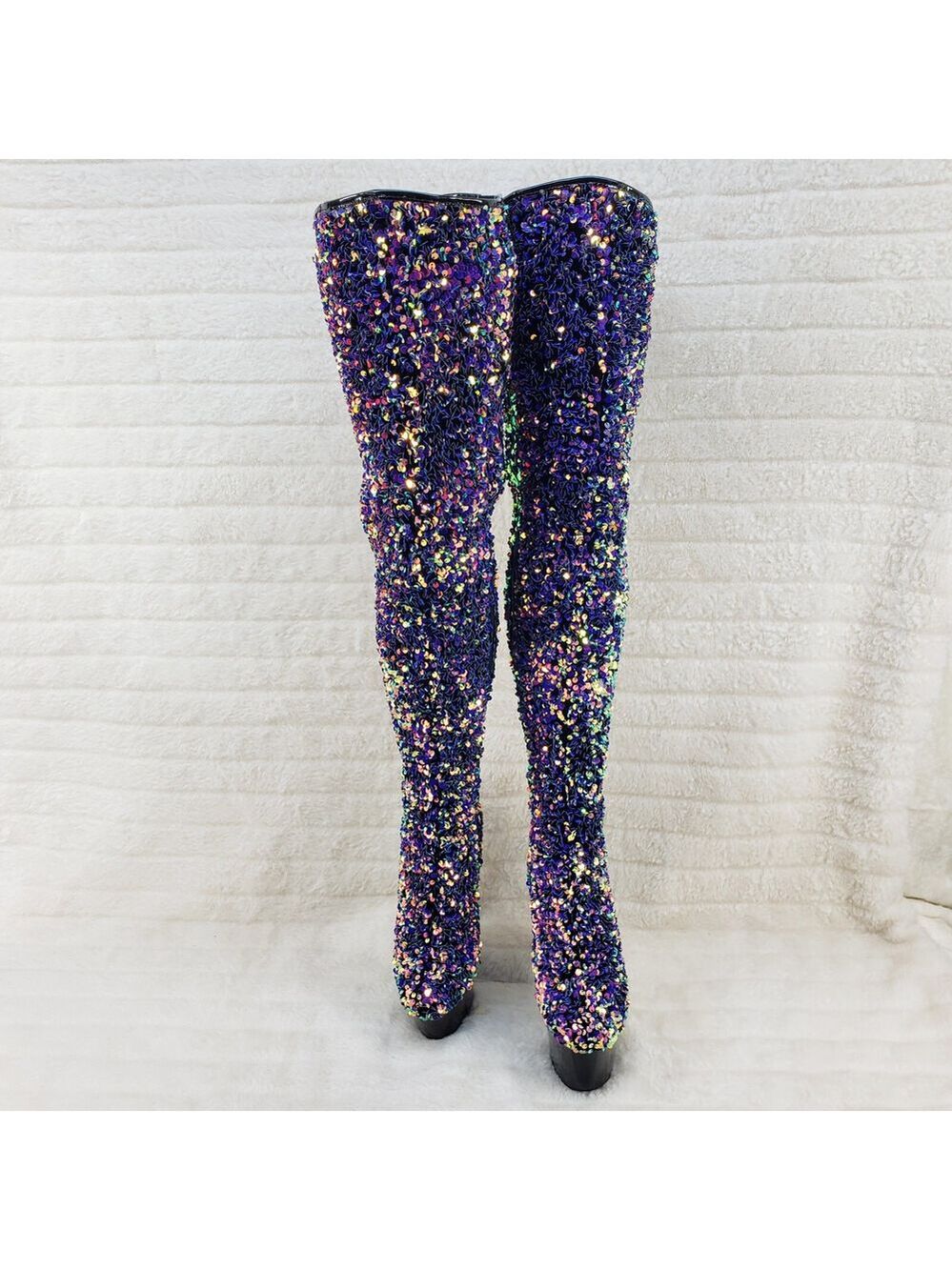 NIB Adore 3020 Purple Multi Sequin High Heel Platform Thigh High Boots - Picture 6 of 14